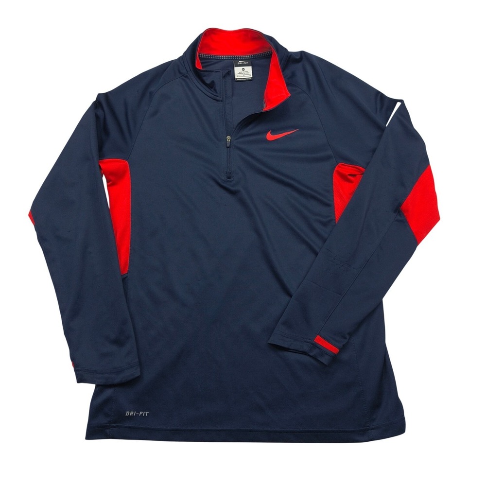 Nike Elite Dri-Fit Mens Medium 1/4 Zip Pullover Navy Blue Red Long Sleeve Shirt